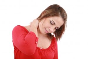 Whiplash, woman holding neck